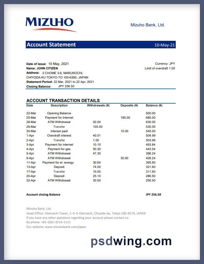 Japan Mizuho Bank Statement (Excel)